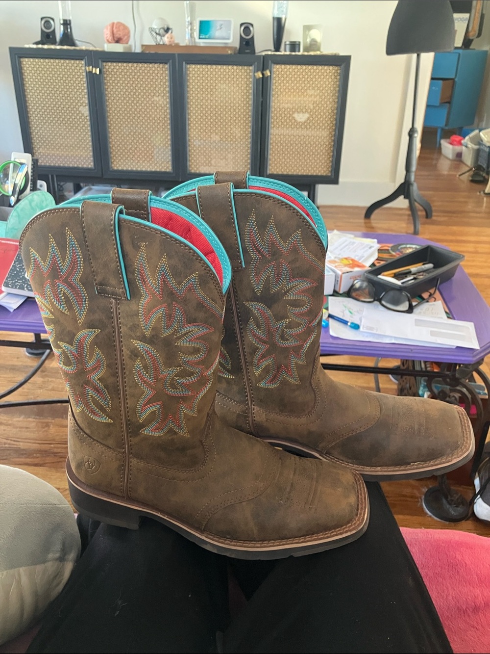 Women’s Brown Lace-Up Western Boots with Turquoise Trim